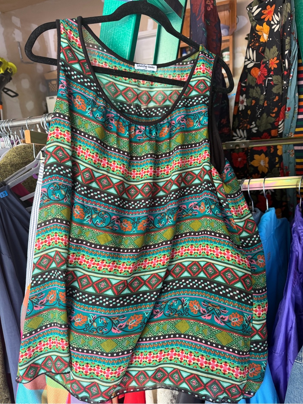cha cha vente Multicolor Tribal Print Mini Dress - Teal, Green, Pink